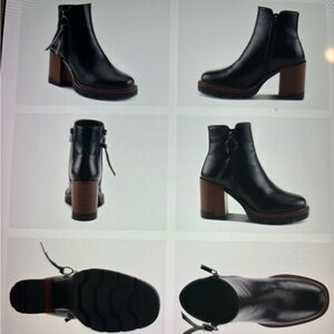 Women's Black Leather Block Heel Ankle Booties with Brown Wood-Effect Heel